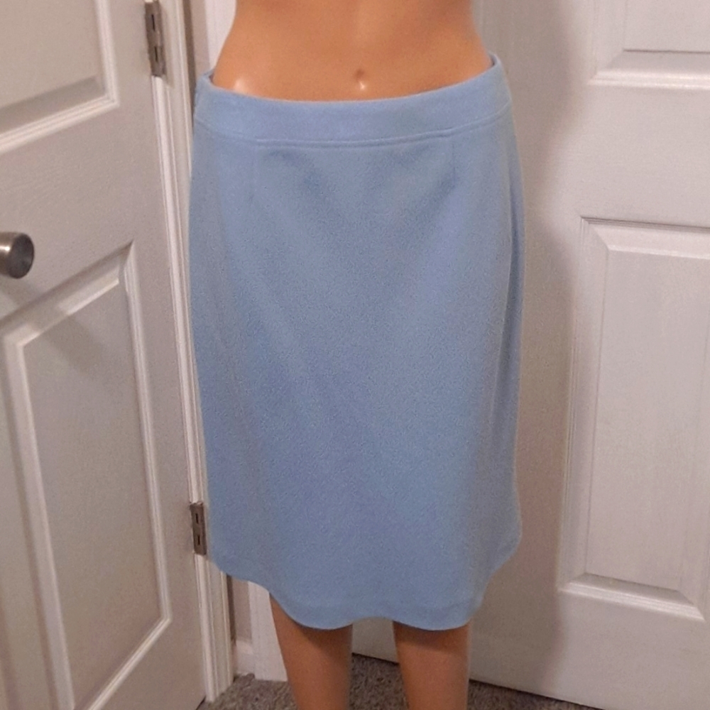 Ann Taylor Wool Mid-Length Lined Blue Business Skirt with Back Slit & Side Zip
